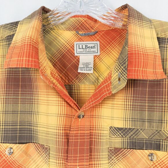 LL Bean Otter Cliff Shirt Mens Large Plaid Orange Yellow Zip Pocket Cotton Poly - Picture 5 of 16